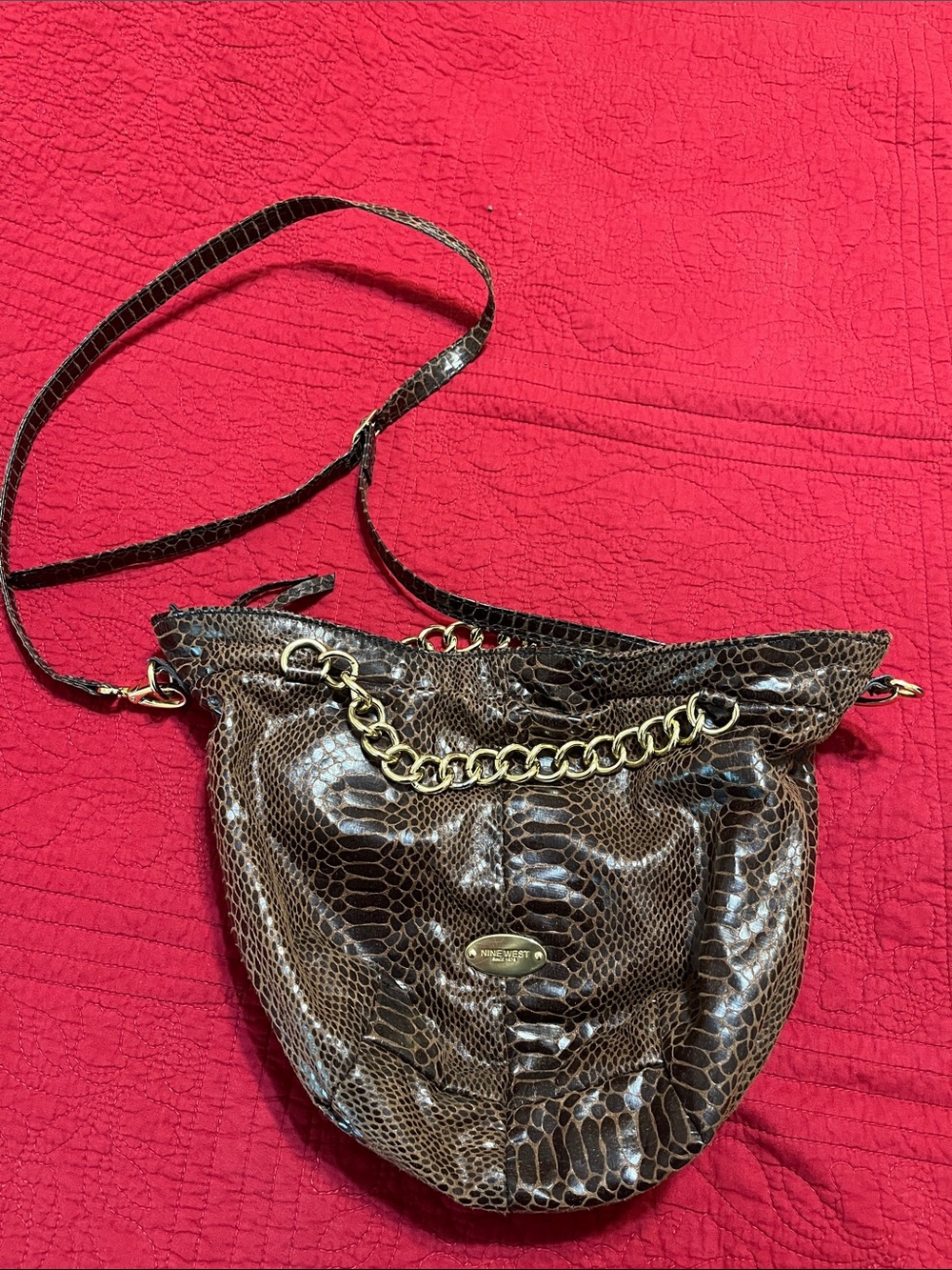 Nine West Brown Snake-Embossed Shoulder Bag with Gold Chain Accent